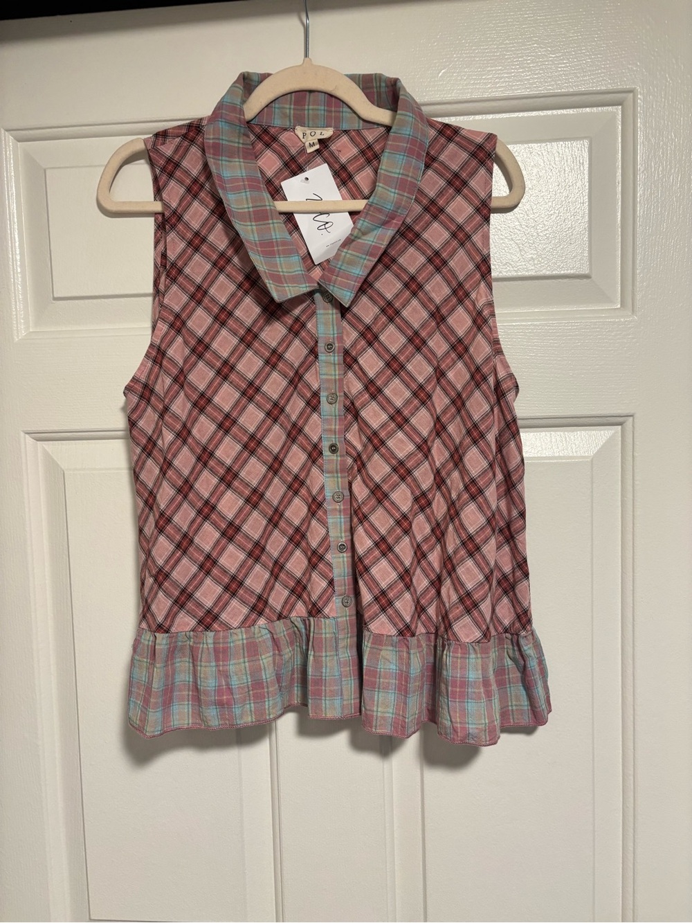 POL Sleeveless Plaid Button-Front Top - Pink & Teal